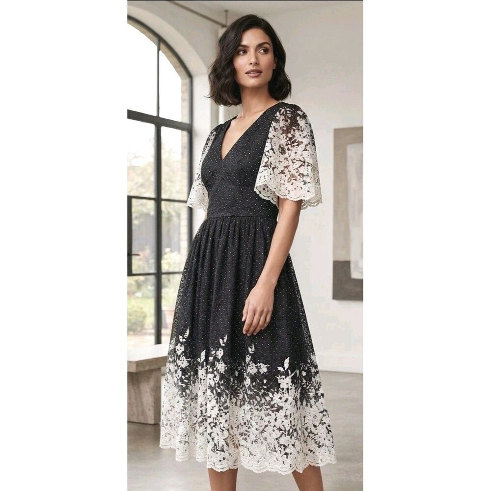 Eliza J  Midi Dress Size 12 Black White Lace Detail Mod  Wedding Guest Event